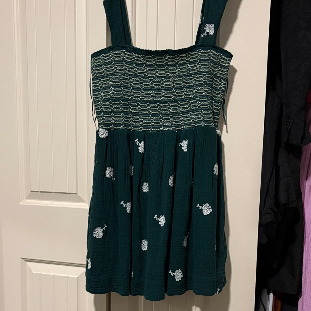 Free People Dark Teal Smocked Tank Dress with White Floral Embroidery XL